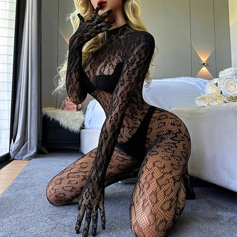 New Sexy Crotchless Lingerie Women Backless Cutout Bra Set Mesh See Through Bodystocking Full Sleeve Leopard Print Underwear Set