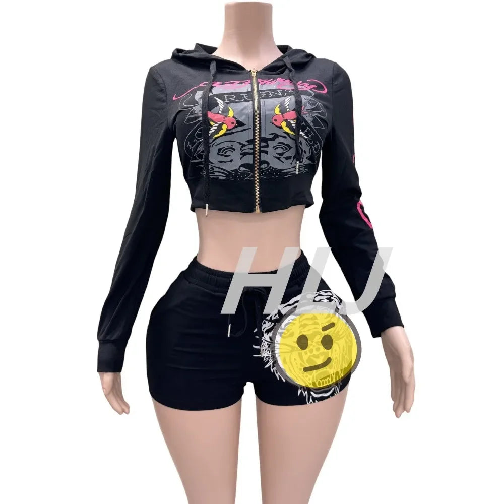 HLJ&GG Fashion Y2K Pattern Print Hooded Two Piece Sets Outfits Women Zipper Long Sleeve Crop Top And Shorts Tracksuit Streetwear