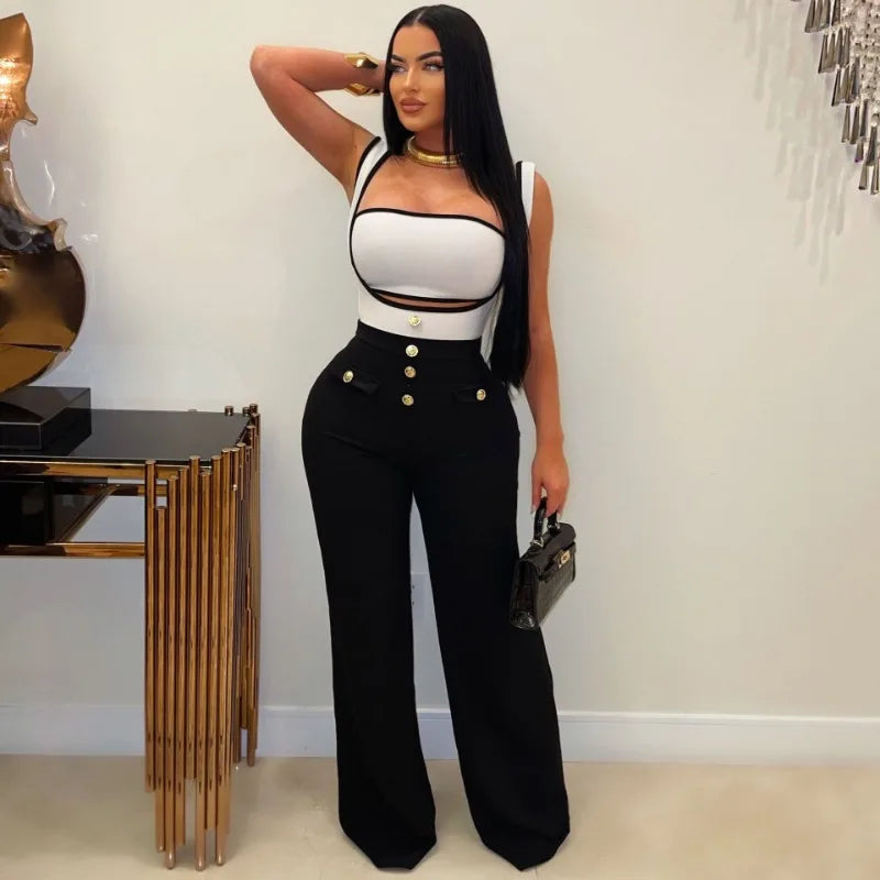 Elegant 2 Piece Sets for Women Summer Outfits Sexy Halter Tube Crop Tops Bodycon Flare Pants Set Vacation Jumpsuits Club Outfits