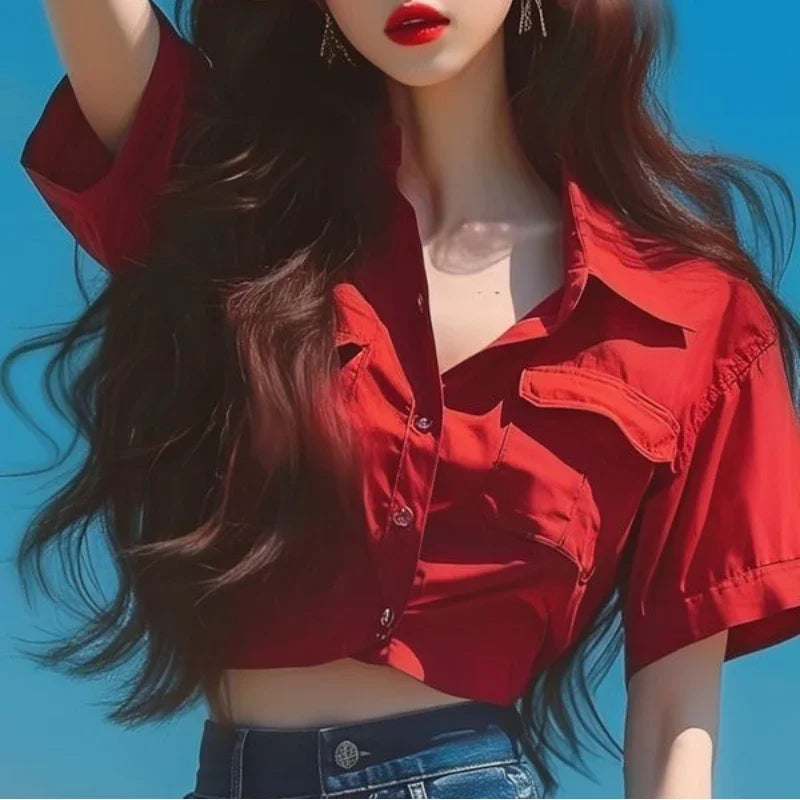 Y2k Super-short Solid Shirt Tops Summer New Short Sleeve All-match Neck Sexy Blouse Fashion High Street Trend Women Clothes