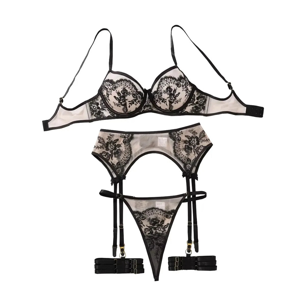 MUZISKAT 4 Piece Set Flower Embroidery Underwear Set For Women Solid Color Mesh See-through Sexy Lace Garters Underwear Set New