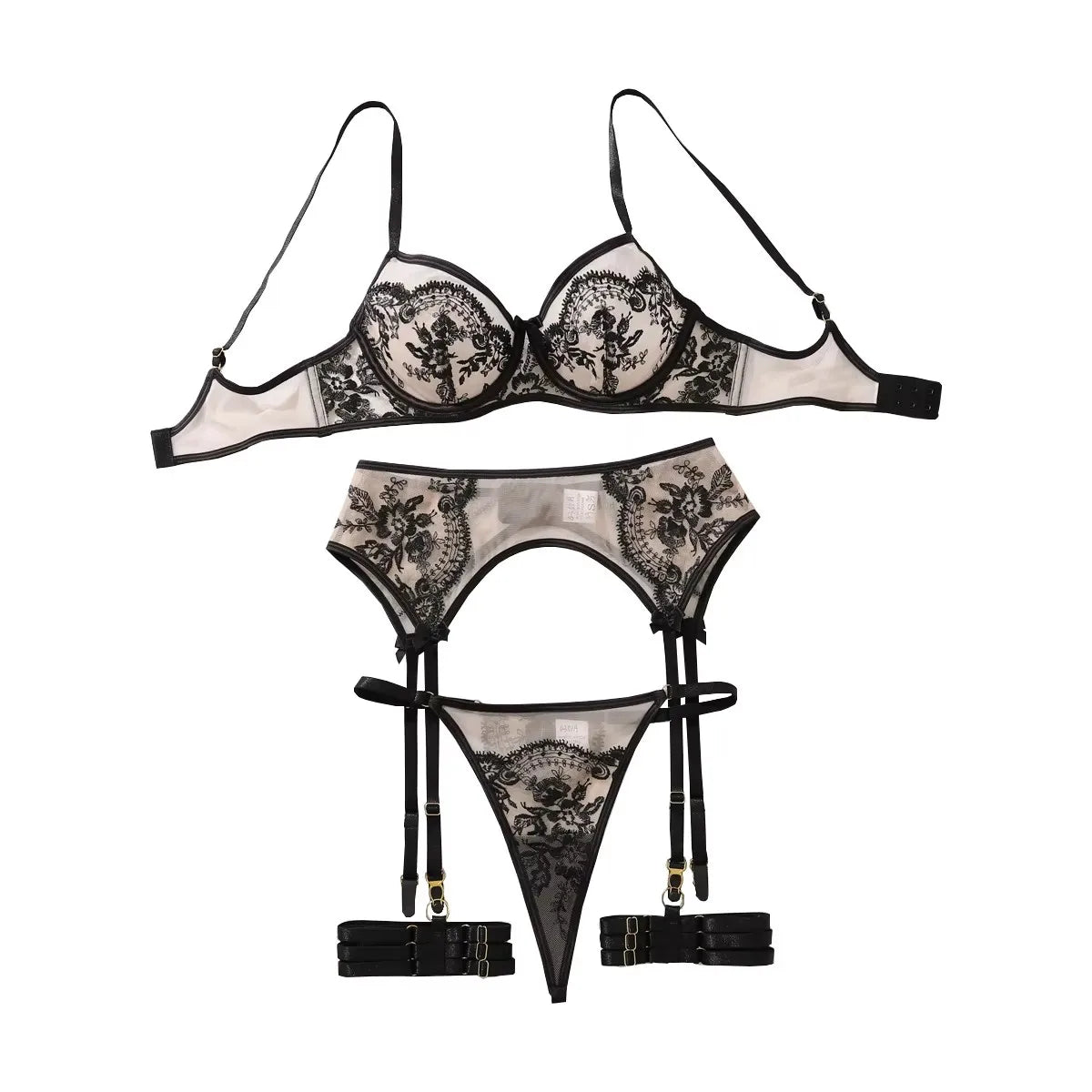 MUZISKAT 4 Piece Set Flower Embroidery Underwear Set For Women Solid Color Mesh See-through Sexy Lace Garters Underwear Set New