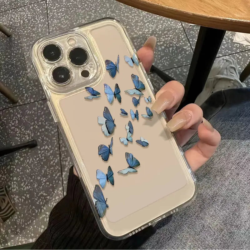 Flying Blue Butterfly Phone Case For iPhone 17 16 15 14 13 12 11 Pro Max Mini SE 7 8 Plus 16E Air Shockproof Transparent Cover
