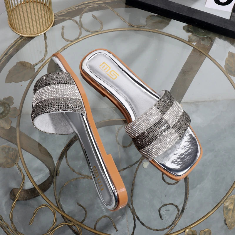 luxurious slippers 2025 rhinestone square toe fashion wear sandals  elegant flat bottom women's slippers black ladies shoes
