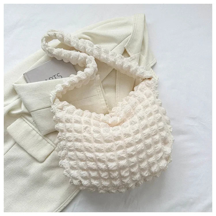 Fashion Pleated Design Shoulder Bag Cute Pleated Bubbles Solid Color Tote Bag Large Capacity Embroidered Satchel Bags Women