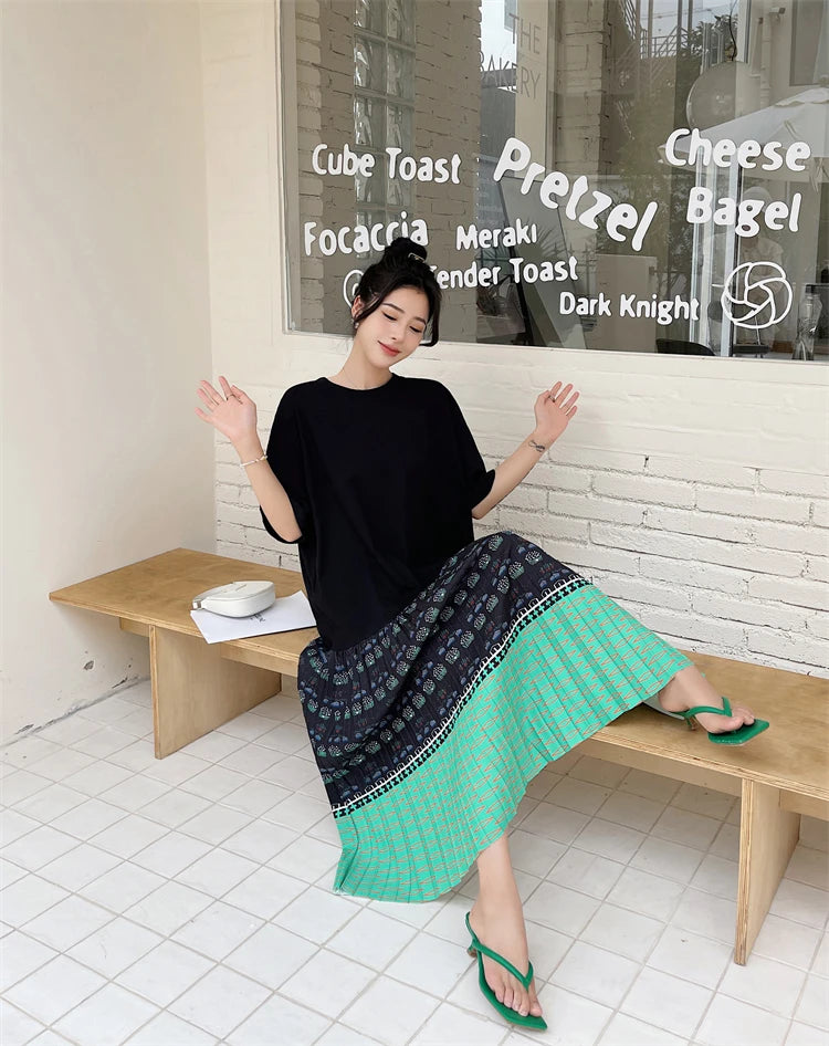 NYFS 2026 Summer New Korean Woman Dress Vestidos Robe Elbise Loose Plus Size Short Sleeve Patchwork Two Fake Pieces Long Dresses