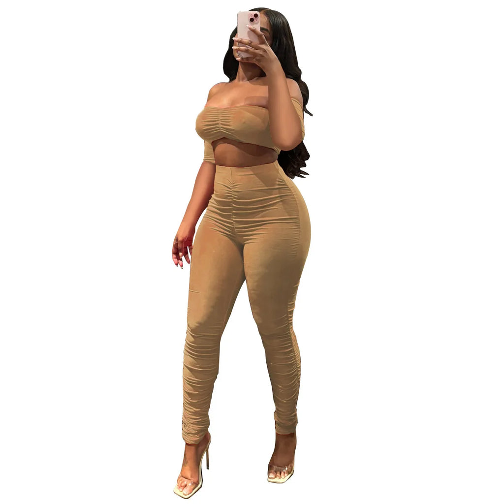 Fitness Women's Set Ruched Stacked Off Shoulder Crop Top and Legging Pants 2025 Summer Two 2 Piece Sets Outfit Tracksuit