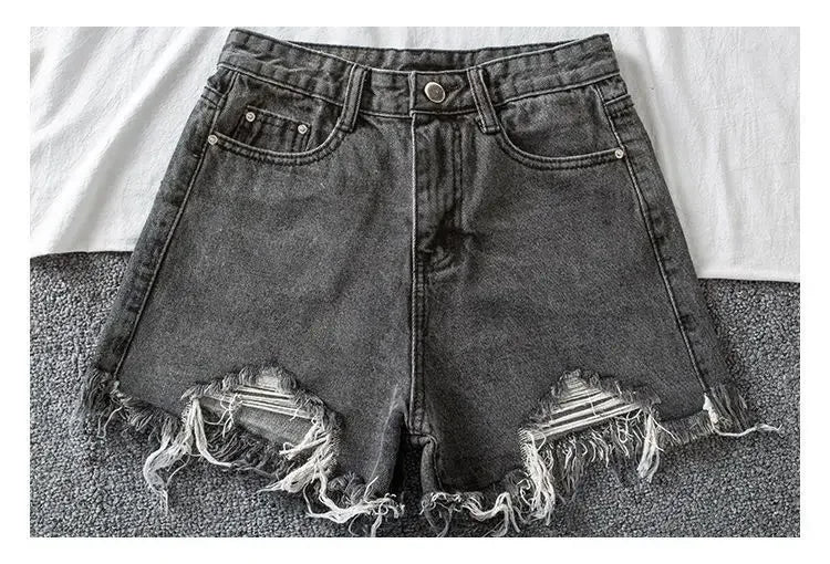 Denim Shorts Women High Waist Slender Korean Fashion Summer Frayed Buttons Zipper Tassel Loose Solid All-match Streetwear Chic