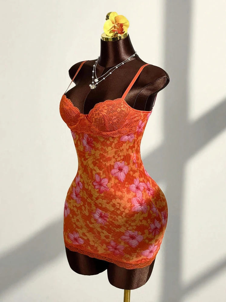 New 2026 Women's Floral Print Dress Street Sexy Lace Trim Spaghetti Strap Backless Bodycon Mini Dresses Birthday Party Clubwear