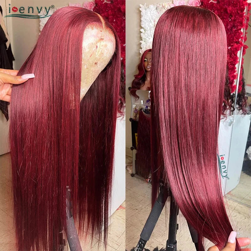 99J Red Colored Lace Front Human Hair Wigs Silky Straight 13X4 13X6 Burgundy Hd Transparent Pre Plucked Lace Frontal Wigs 180%