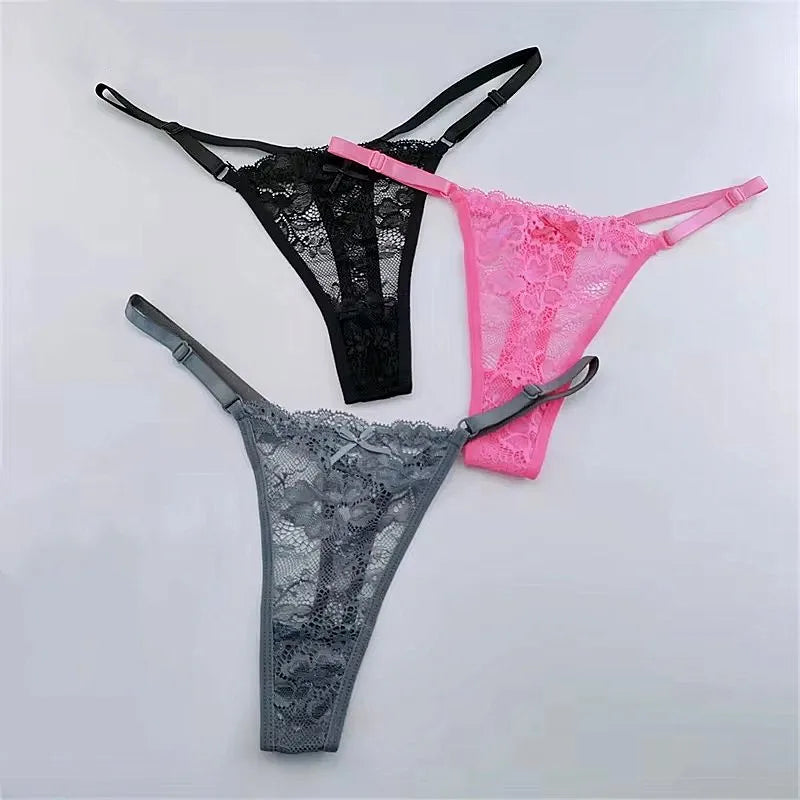 Solid Floral Lace Sexy Panties Ladies Low Waist Bow T-back Thong Adjustable Thin Belt Underwear Hollow See-through Lingerie 3PCS