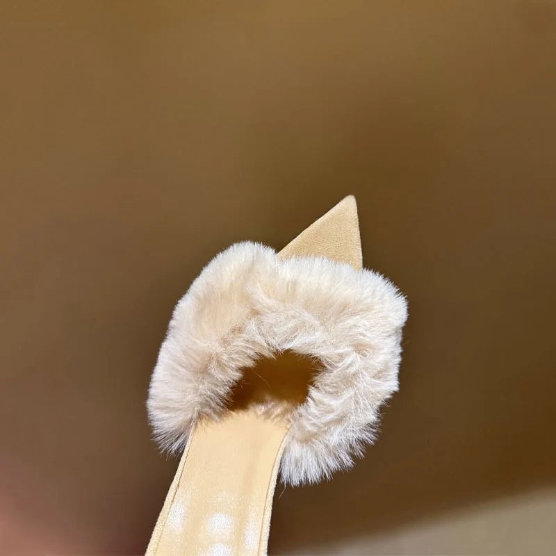 Women's Fox Fur High-Heeled Slippers Stiletto Heel Mules Open Toe Slip On Sandals Suede Upper Party Clubwear Elegant Sandals