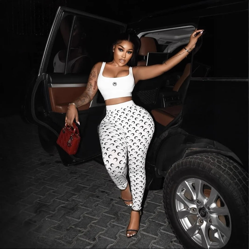 Y2K Two Piece Set Women Sexy Slim Fit Vest and Pants High Street Retro Crescent Print Matching Set