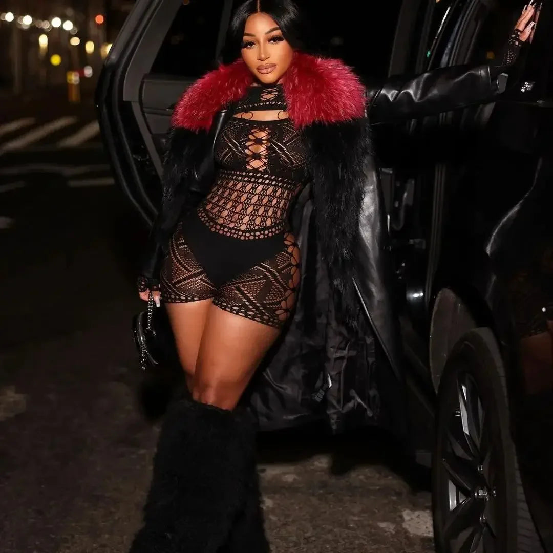 Women's Sexy Long Sleeve Jumpsuit See Through Outfit Sheer Mesh Hollow Out Night Club Short Romper