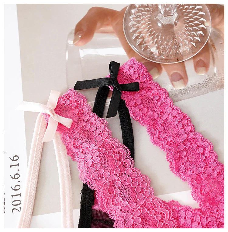 Meet'r Sexy Tempting Underwear Panties Lingerie French Satin Lace Ice Silk Transparent Knit Low Waist Triangle Briefs for Women