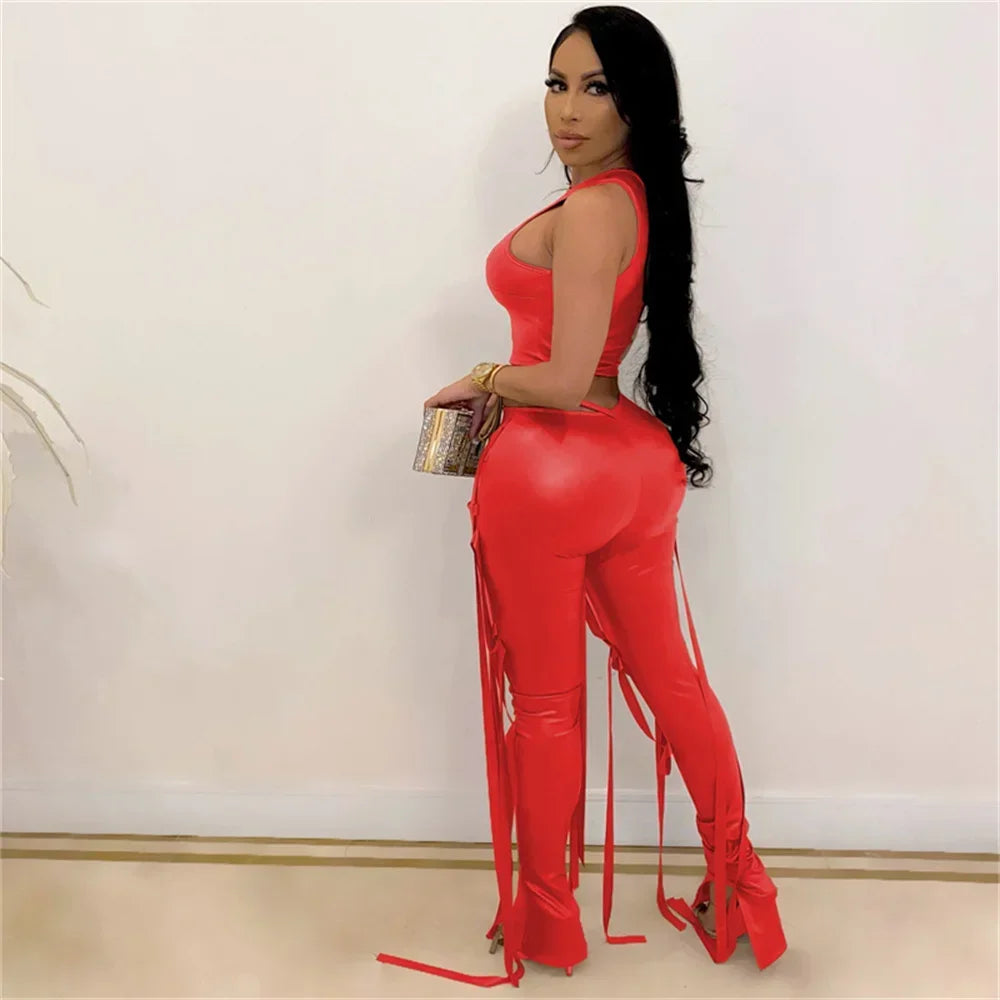 Sexy PU Faux Leather Two Piece Set for Women Matching Sets Y2K Party Club Crop Top and Ribbons Pants 2 Piece Sets Women Outfit