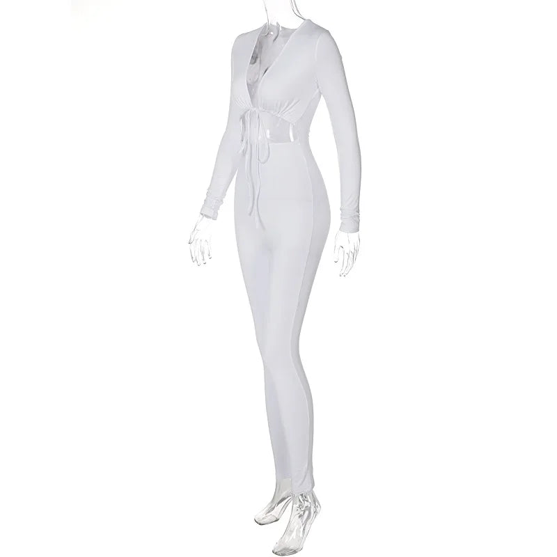 Summer Y2K Streetwear Women's Sexy Hollow Out Jumpsuits Bandage Tie Long Sleeve Bodycon Playsuits Women Clothes Gothic Rompers