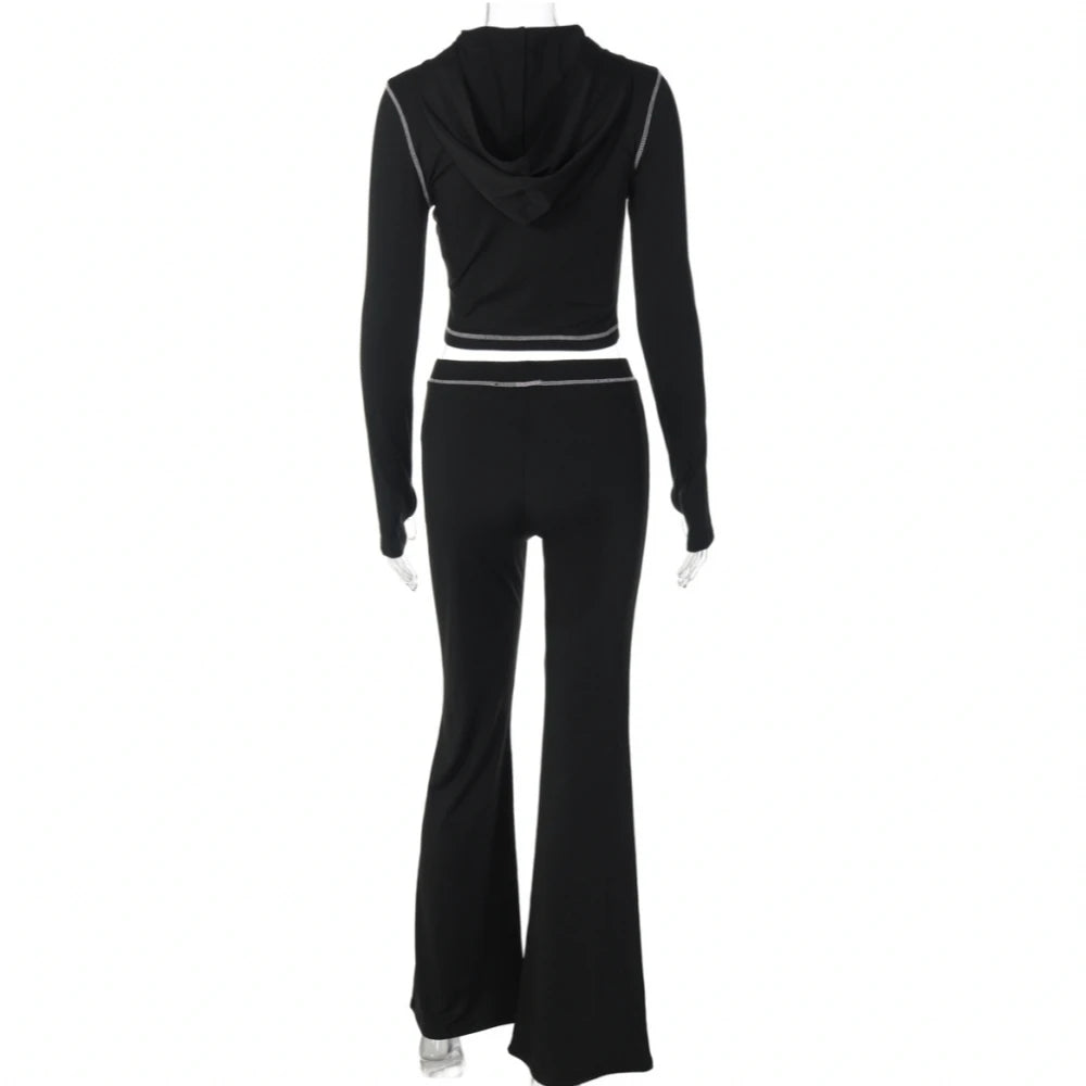HLJ Y2K Trend Fashion Pattern Print Hooded Two Piece Sets Women Zip Long Sleeve Slim Crop Top + Skinny Pants Outfits Streetwear