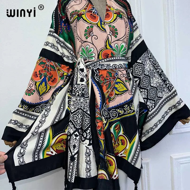 WINYI summer 2024 print Middle east kimono beach cover up dress elegant African women Cardigan Holiday maxi abaya فساتين طويلة