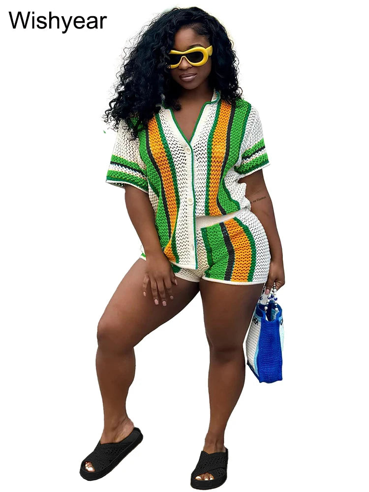 Sexy Colorful Striped Patchwork Knitting Two Piece Pants Set Women Short Sleeve Top and Shorts Fashion Beach Sweater Club Outfit