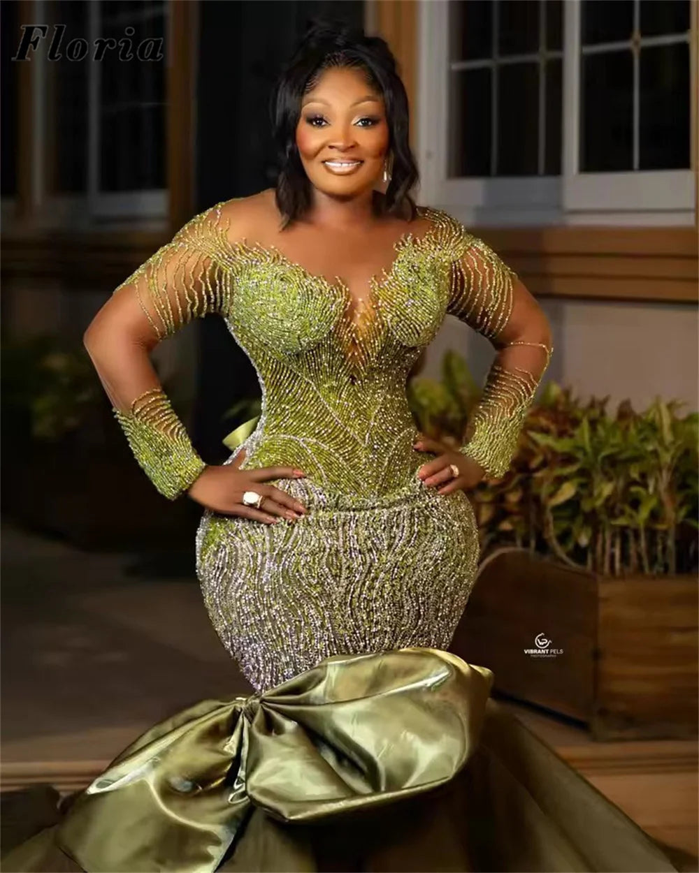 African Green Beaded Evening Dresses Black Girls Aso Ebi Mermaid Birthday Party Dress Customized Long Sleeves Cocktail Prom Gown