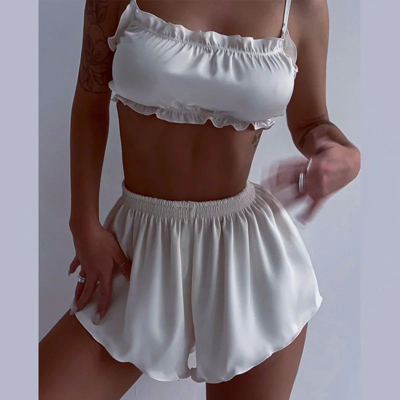 Women Pyjamas Suit Lace Up Ruffles Sexy Crop Top Pajama Tank Tops Crop Tops Set Shorts Summer White Sexy Vest Sleepwear 2024