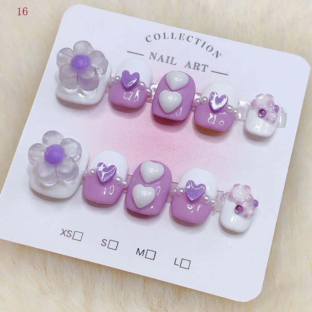 10Pcs Sweet Lovely Handmade Long Coffin Wearable Fake Nail Kawaii Girlish Heart Cartoon Pink Pearl Bow Diamond False Nail Gift