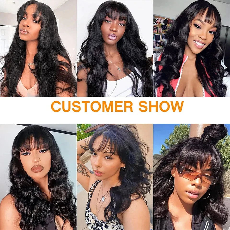 16A Glueless Body Wave Wig With Bangs Black Women's Human Hair Wig Without Glue Fully Machine Made Wig With Bangs Body Wave Wig