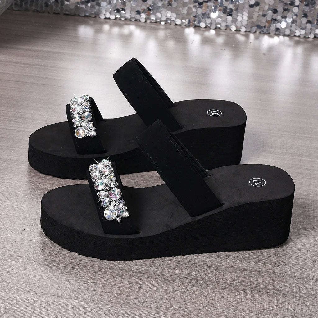 Luxury Silver Rhinestore Thick Bottom Black Sandals Women Summer 2026 Comfort Platform Beach Slippers Woman Wedge Heel Slippers