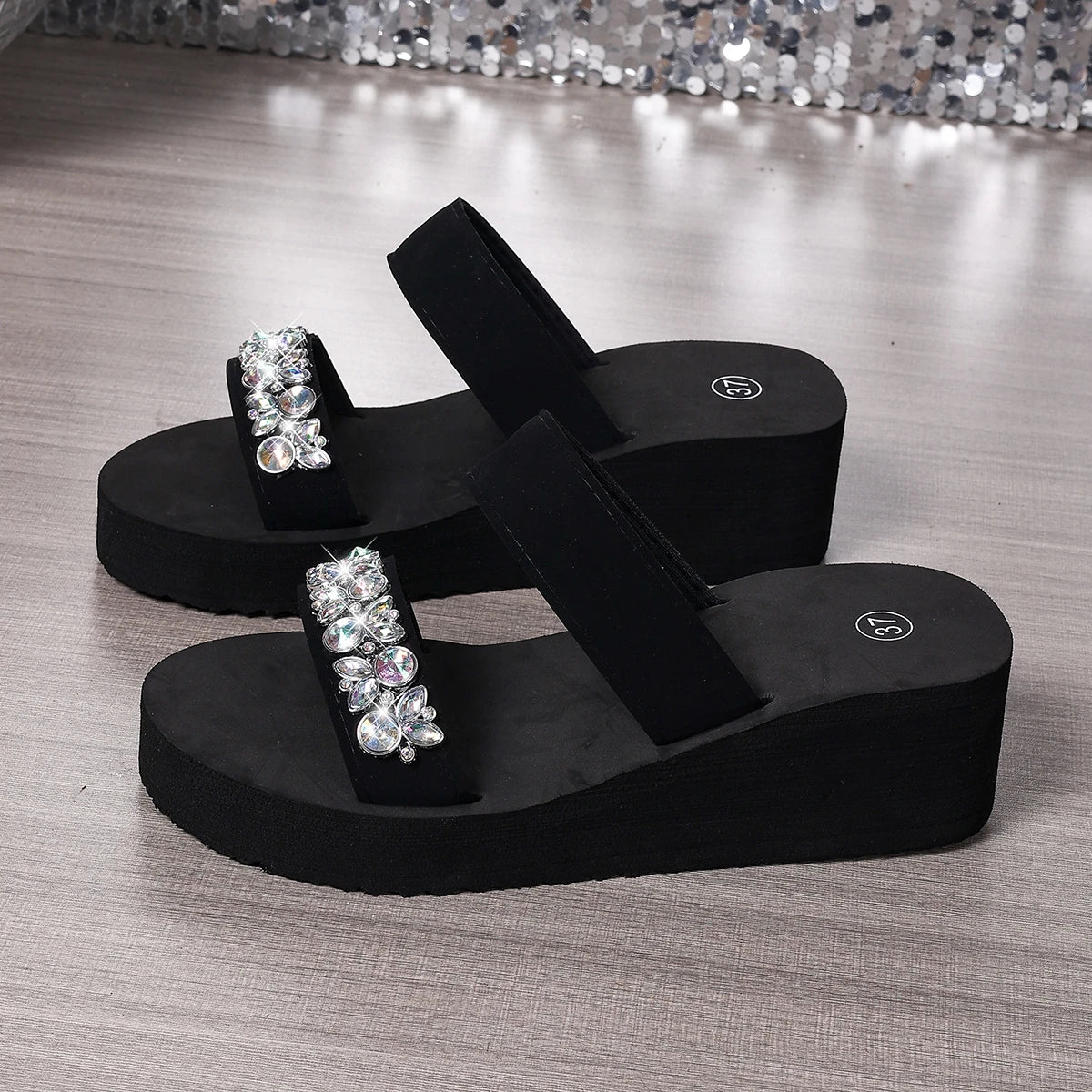 Luxury Silver Rhinestore Thick Bottom Black Sandals Women Summer 2026 Comfort Platform Beach Slippers Woman Wedge Heel Slippers