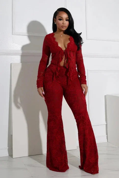 2026 Women's Set Long Sleeve Lace See Through Shirt + Long Pants Street Evening Sexy Two 2Piece Sets Outfits Tracksuit