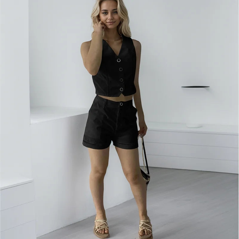 Two-piece Set For Women Casual Sleeveless Splice Vests Button Pocket High Waist Shorts Suit Fashion Streetwear Casual Shorts Set
