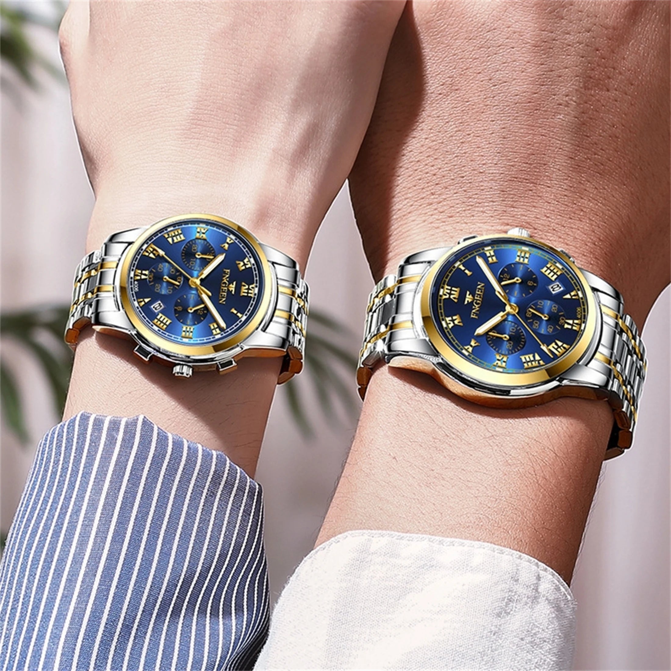 Couple Watches with Stainless Steel Strap, Roman Scale, Blue Dial, Calendar Display, Waterproof Quartz for Men and Women, Sm, 2P