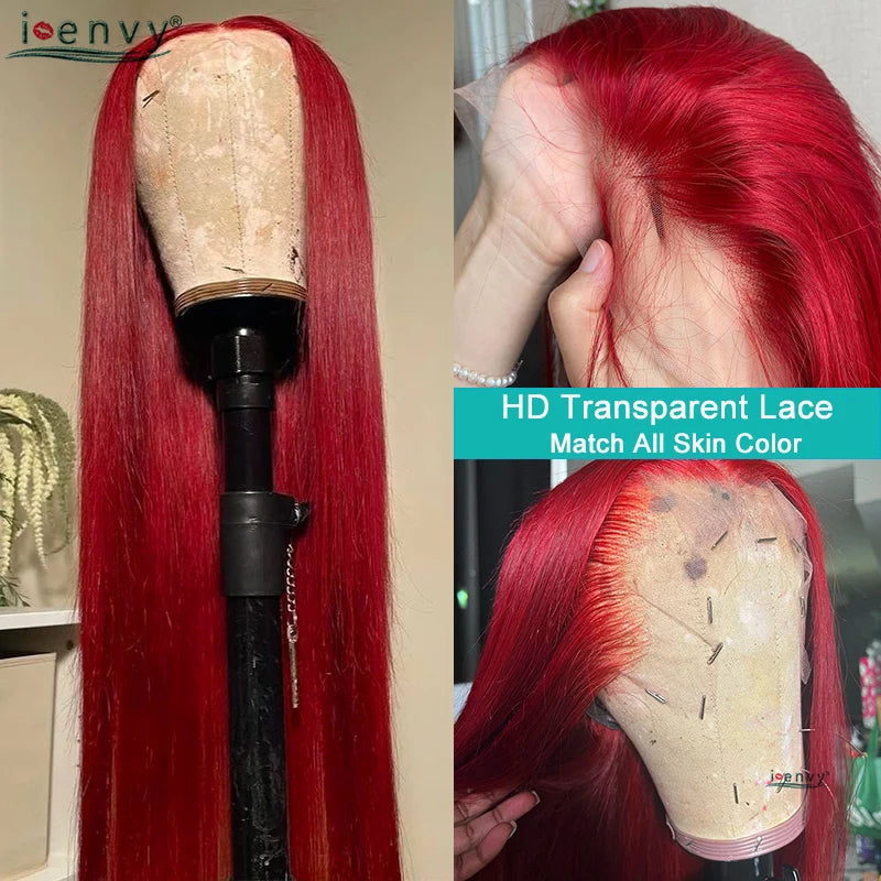 99J Red Colored Lace Front Human Hair Wigs Silky Straight 13X4 13X6 Burgundy Hd Transparent Pre Plucked Lace Frontal Wigs 180%