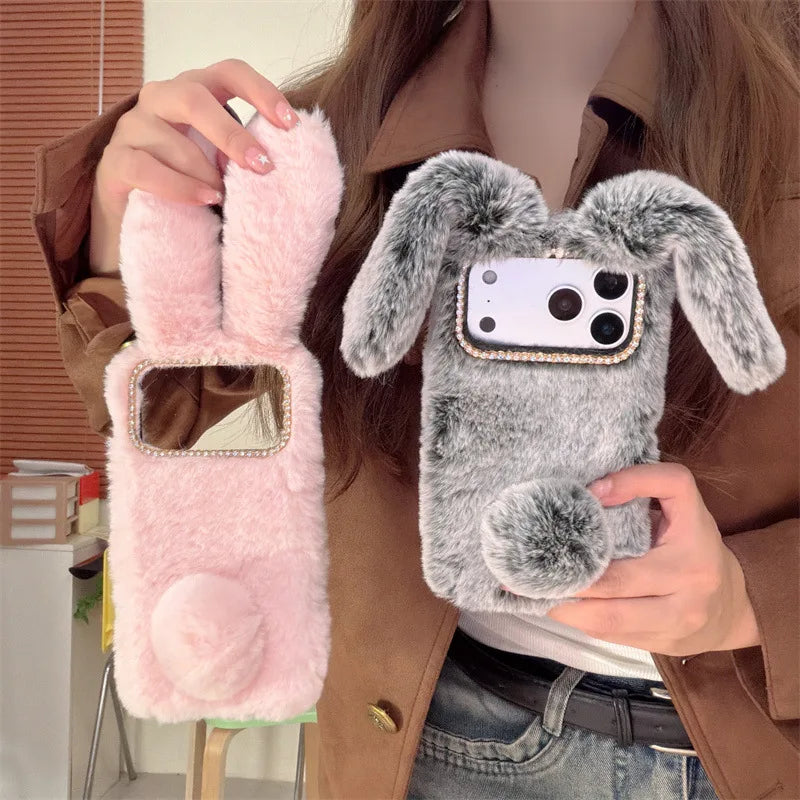 3D Cute Rabbit Ears Warm Furry Plush Bunny Phone Case For iPhone 17 Air 16 15 14 13 12 11 Pro Max XS XR X Plus Shockproof Cover