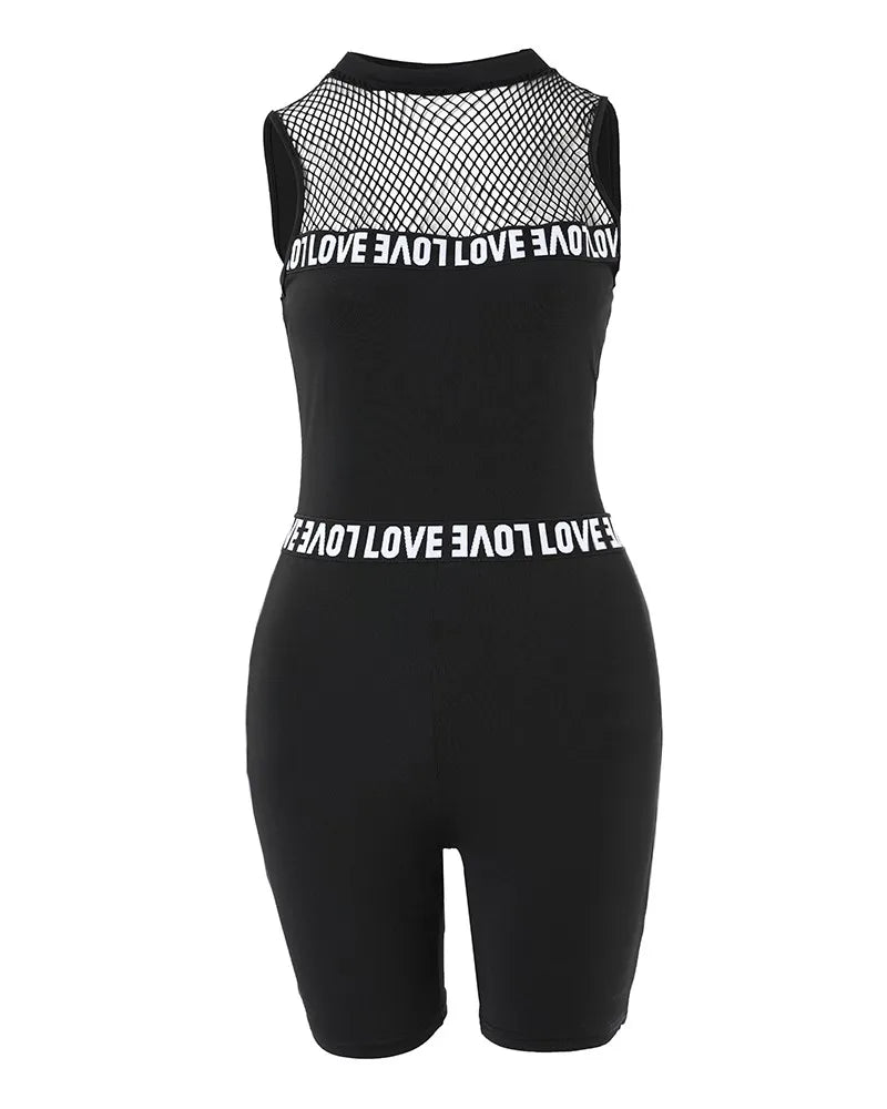 Fashion 2025 New Sexy 2 Pieces Sets Women Suits Letter Band Patch Fishnet Design Top & Shorts Set Feamle Clothes Black Outfits