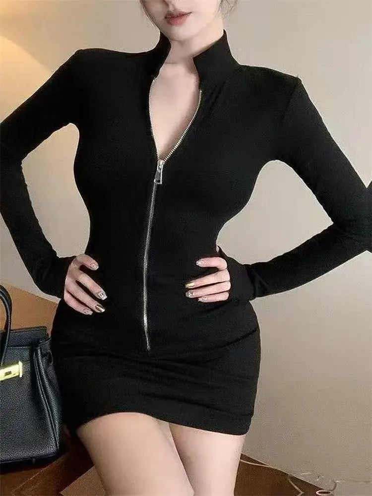 Long Sleeve Zipper Bodycon Dress Women Turtleneck Sexy Mini Dresses Autumn Black Skinny Stretchy Party Vestidos
