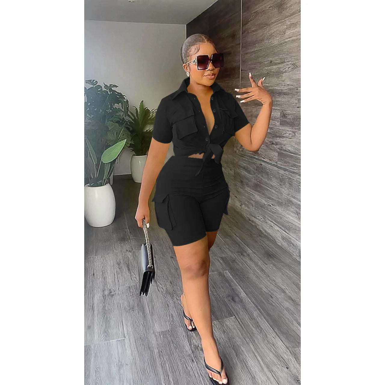 Women Shorts Two Piece Set Turn Down Collar Shirt Button Lace Up High Waist Short Sets Pockets Elegant Lady Streetwear Suit