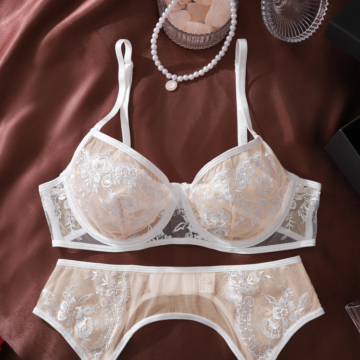 MUZISKAT 4 Piece Set Flower Embroidery Underwear Set For Women Solid Color Mesh See-through Sexy Lace Garters Underwear Set New