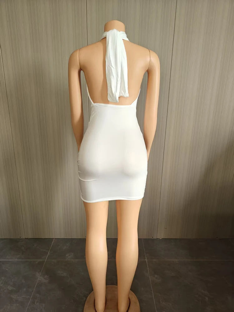 Sexy Strap Halter Deep V Neck Ruched Mini Dress Woman Backless Summer Bodycon Sleeveless Elegant Party Night Club Dresses