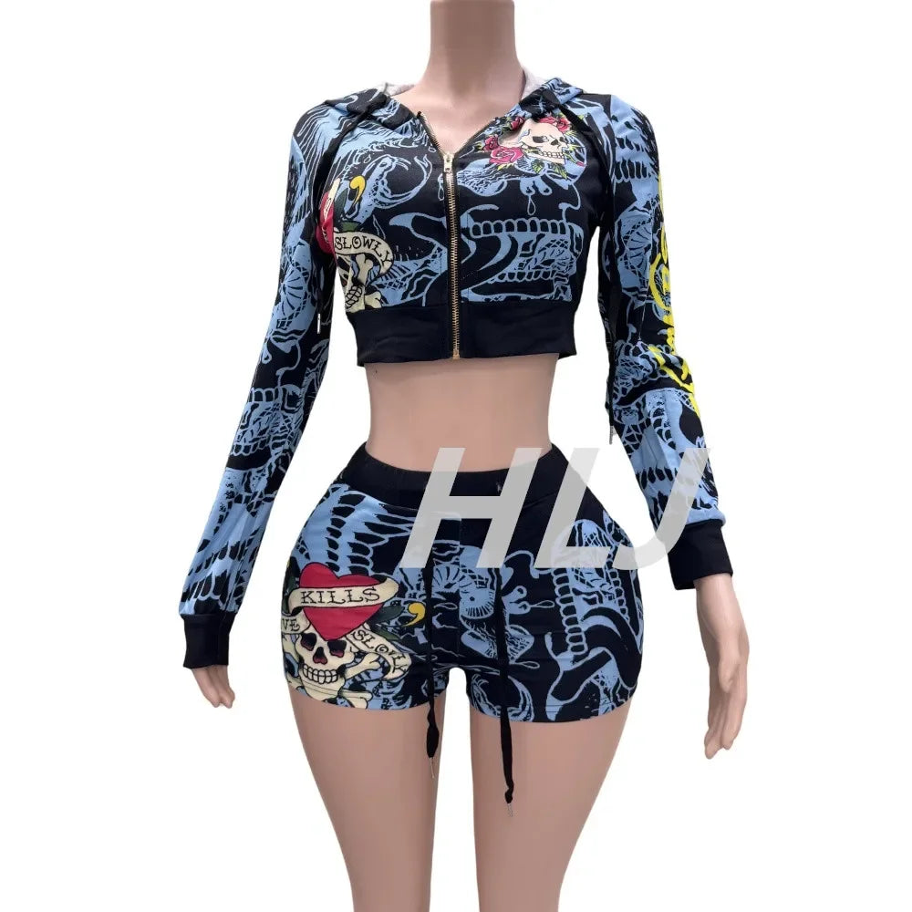 HLJ&GG Fashion Y2K Pattern Print Hooded Two Piece Sets Outfits Women Zipper Long Sleeve Crop Top And Shorts Tracksuit Streetwear
