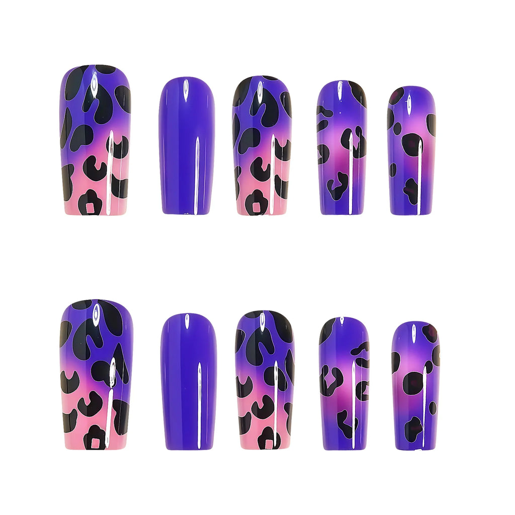 Medium fake nails tips for women girls gradient purple blue green red black leopard printing Square almond tips press on nails
