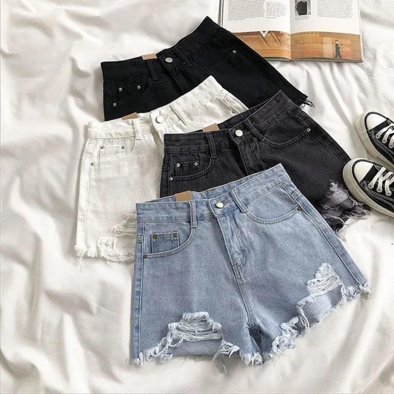 Korean Denim Shorts Women Summer Fashion Casual High Waist Ripped Jeans Pocket Tassel Hot Pants Streetwear Blue Trousers