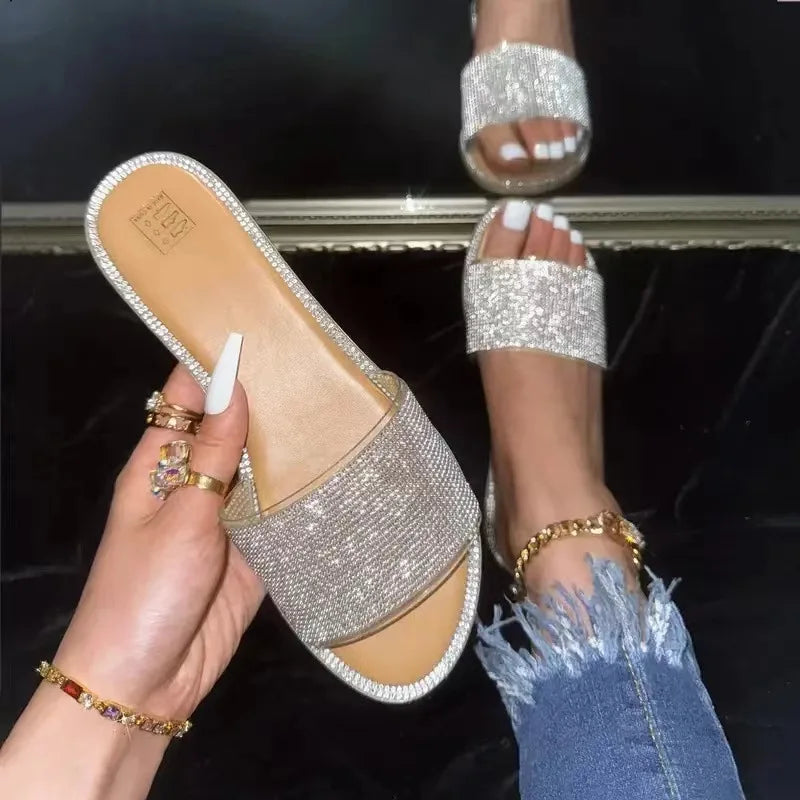 2024 New Shiny Rhinestone Fashion Ladies Slippers Outdoor Women Roman Shoes Flat Sandals Female Casual Beach Crystal Slides
