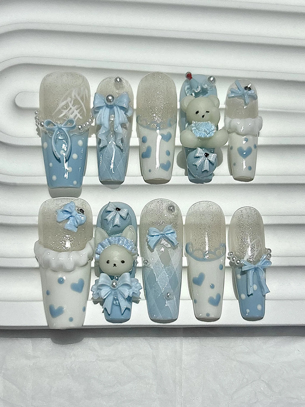 10PCS Kawaii 3D Bow Teddy French Handmade Press On Nails Cute Blue Bunny Long Fake Nails Pearls Heart Polka Dot Girl Nail Art
