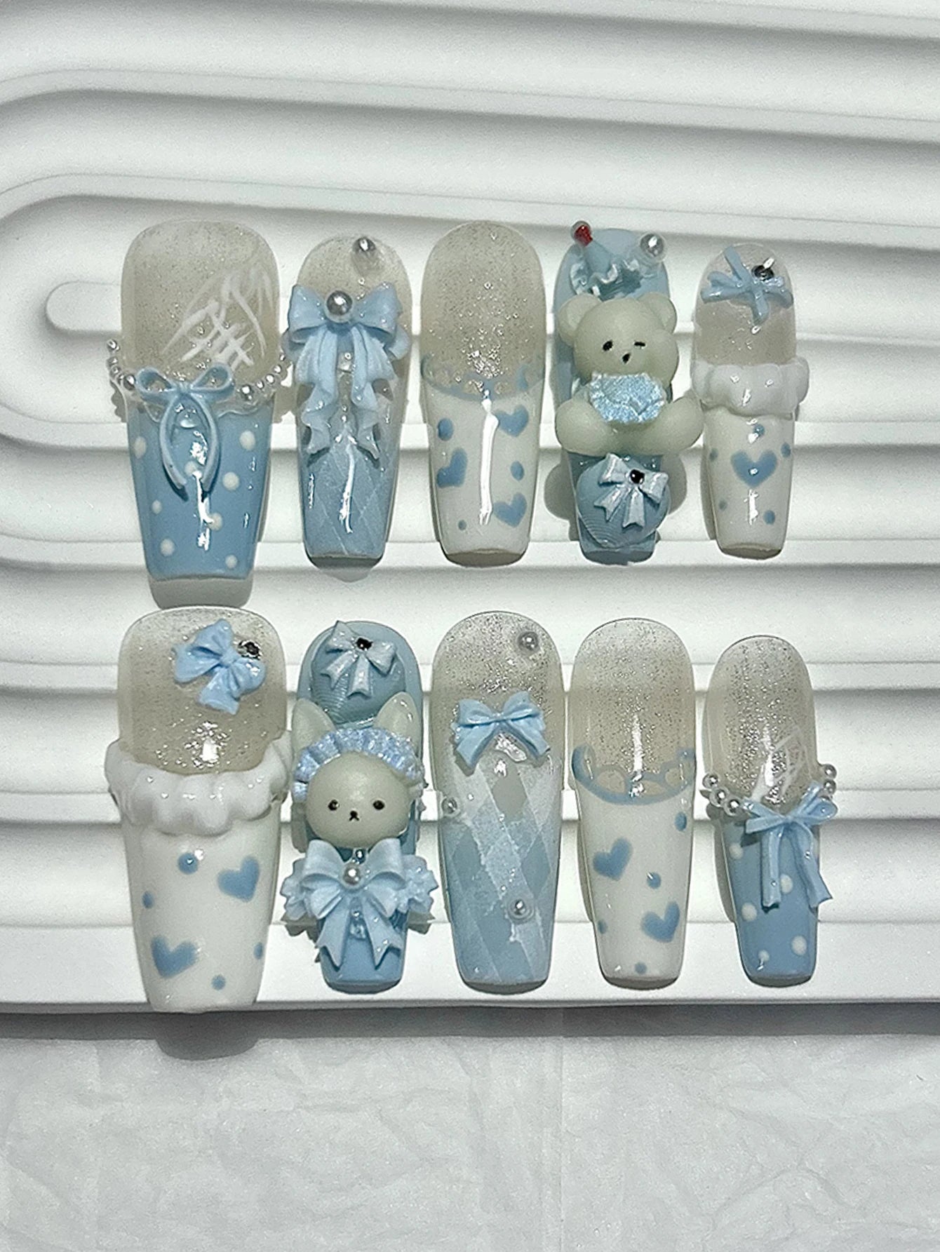 10PCS Kawaii 3D Bow Teddy French Handmade Press On Nails Cute Blue Bunny Long Fake Nails Pearls Heart Polka Dot Girl Nail Art