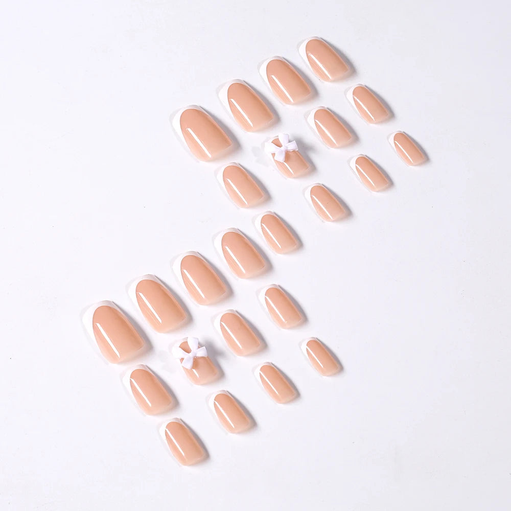 24Pcs White French Press On Nails 3D Bow Design Full Cover Wearable False Nails Short Square Head Ballet Fake Nails For Women