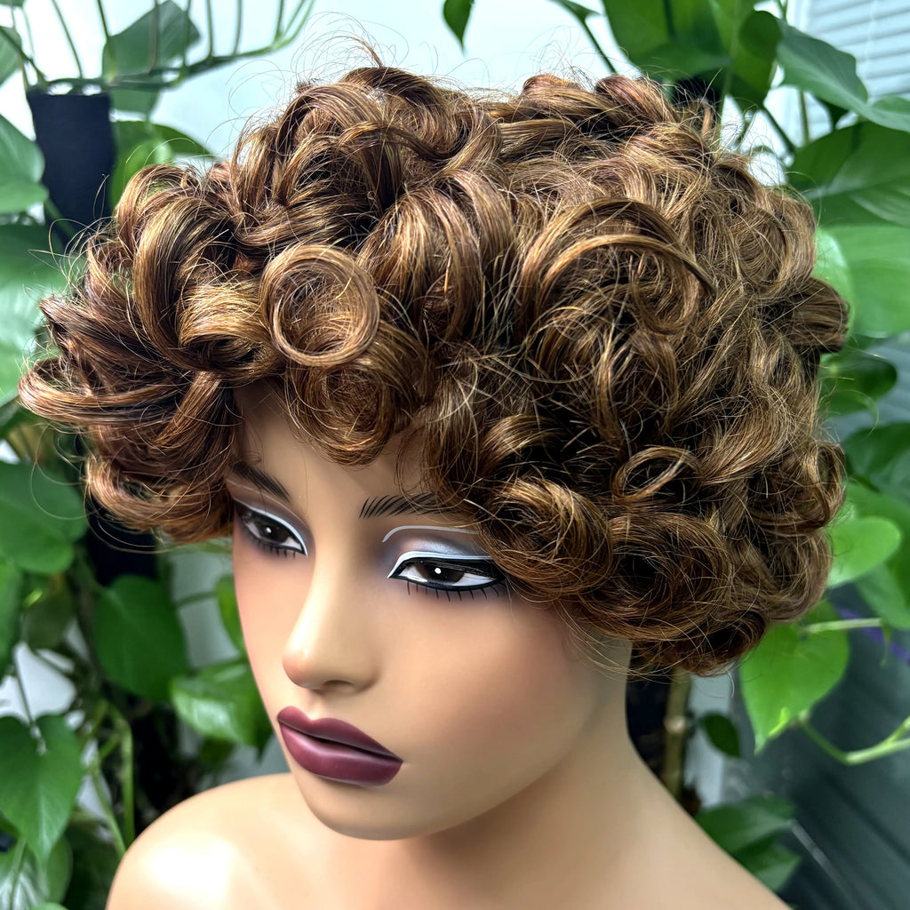 Full Machine Made Loose Wavy Bob Wig Human Hair Wigs 220% Short Colored Bouncy Curly Gluelesss Human Hair Wigs with Bangs