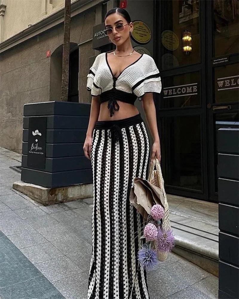 Striped Knitted Two Piece Set Women Outfit Y2K Clothes Clubwear Party Hollow Out V-neck Crop Top and Long Skirt Maxi Dress Sets