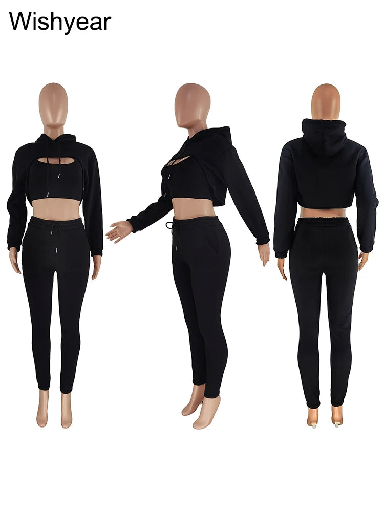 Tracksuit 3 Pieces Pants Sets for Women Velvet Hoodie Crop Tops+Vest+Sweatpants Matching Suit Sport Jogger Winter Fall Outfits